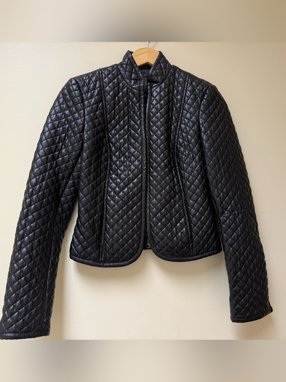 Armani Exchange Black Quilted Leather Moto Puffer Jacket◾️